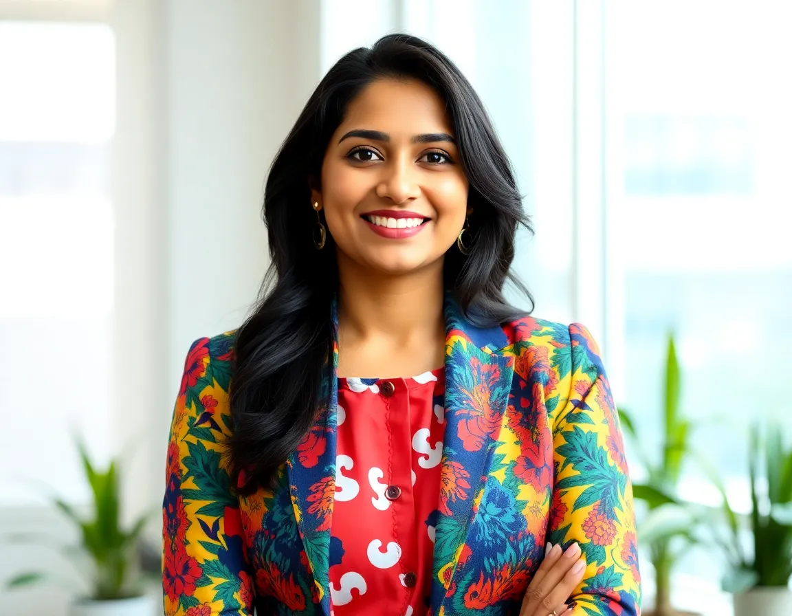 Headshot of Priya Sharma, a woman in a colorful blazer, exuding creativity and energy.
